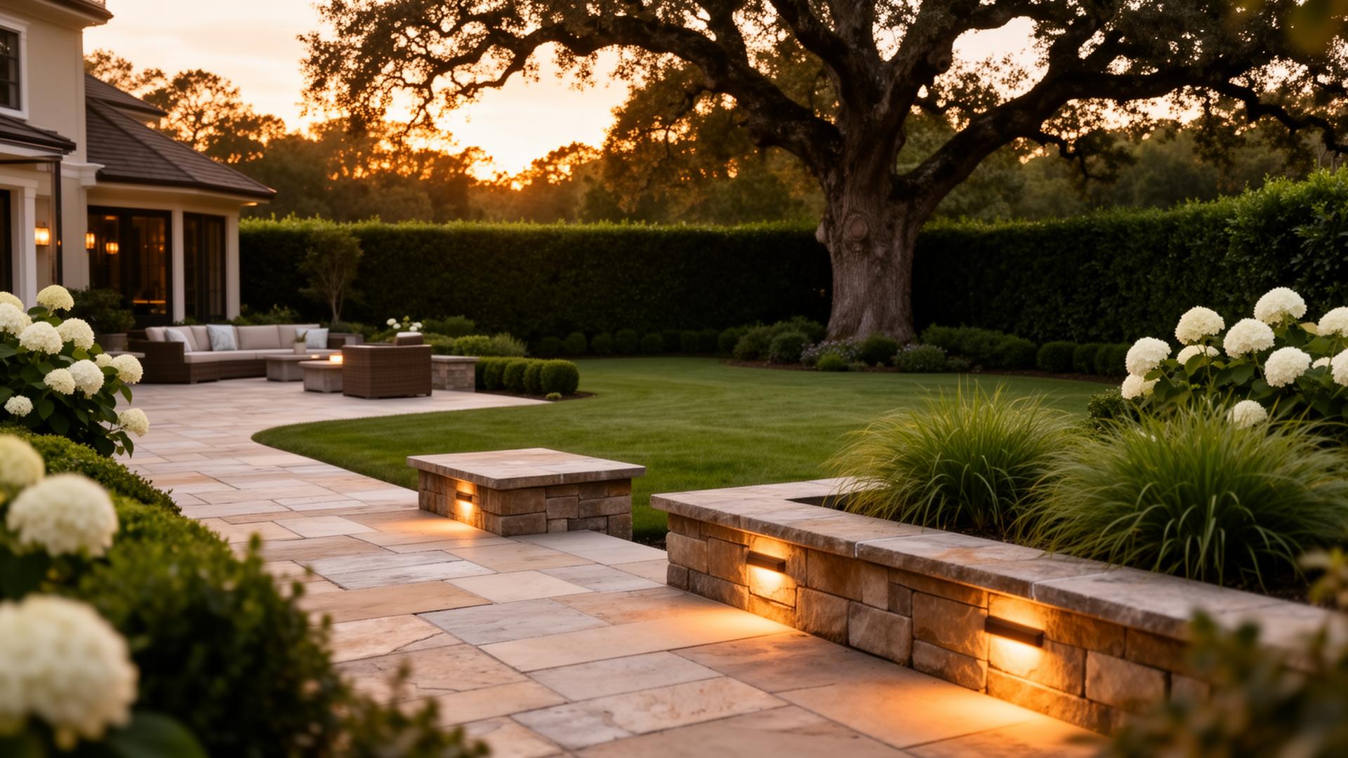 Lush professionally maintained lawn and landscape at golden hour
